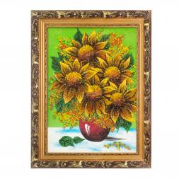 Картина с рисунком из камня &amp;quot;Подсолнухи в вазе&amp;quot; в багете 36х46 см зеленый фон