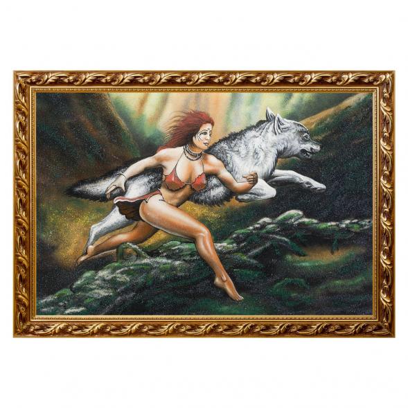 Картина &amp;quot;Бегущая с волком&amp;quot; багет 46х66 см, каменная крошка 111872