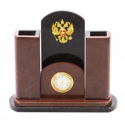 Часы настольные с карандашницей &amp;quot;Герб РФ&amp;quot; камень лемезит