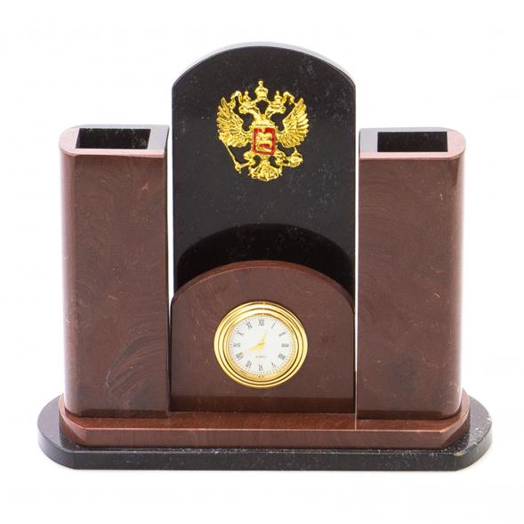 Часы настольные с карандашницей &amp;quot;Герб РФ&amp;quot; камень лемезит 124847
