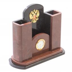Часы настольные с карандашницей &amp;quot;Герб РФ&amp;quot; камень лемезит