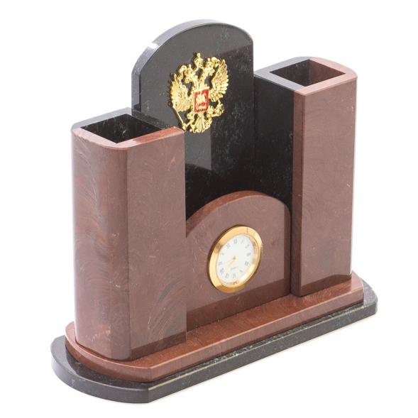 Часы настольные с карандашницей &amp;quot;Герб РФ&amp;quot; камень лемезит 124847