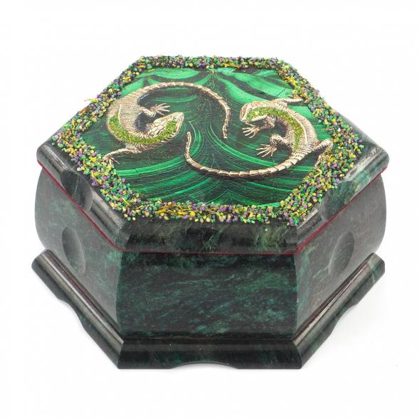 Шкатулка с иллюстрацией &amp;quot;Две ящерицы&amp;quot; камень змеевик 14х12,5х7 см 119723