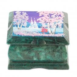 Шкатулка змеевик рисунок зима 10х10х6,5 см