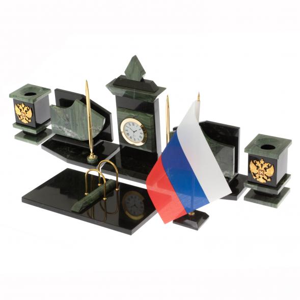 Настольный набор с гербом и флагом России камень офиокальцит 116985