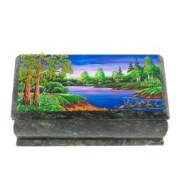 Шкатулка &amp;quot;Лето. Берег реки&amp;quot; из шабровского змеевика 18х9х6,5 см