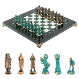 Шахматы &amp;quot;Рыцари&amp;quot; фигуры бронза / патина 28х28 см из змеевика и мрамора