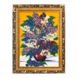 Картина с рисунком из камня &amp;quot;Сирень в вазе&amp;quot; в багете 36х46 см желтый фон