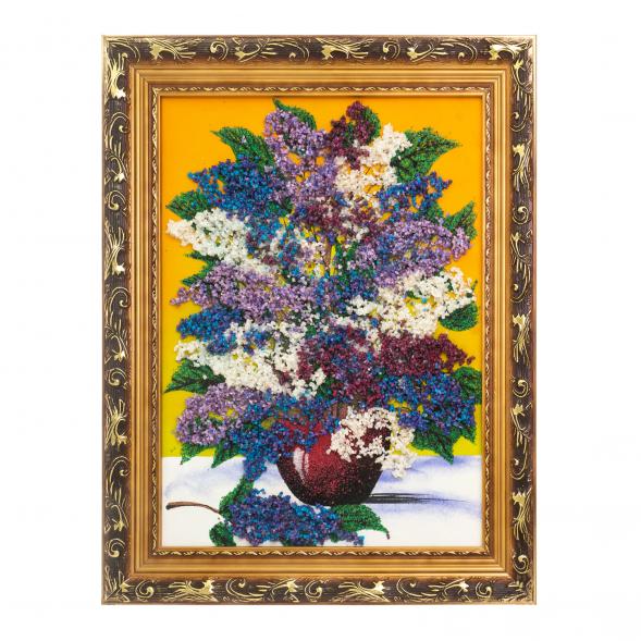 Картина с рисунком из камня &amp;quot;Сирень в вазе&amp;quot; в багете 36х46 см желтый фон 124069