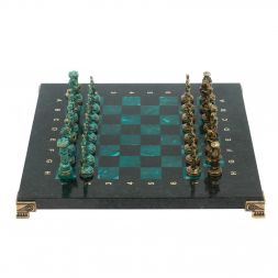 Шахматы "Рыцари" фигуры бронза / патина 28х28 см из змеевика