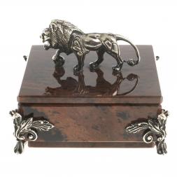 Шкатулка "Лев" камень обсидиан бронза 11х11х8,5 см