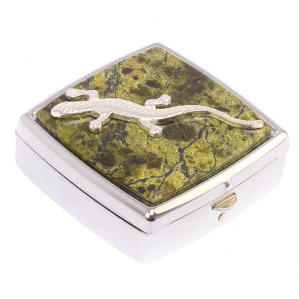 Таблетница на 2 отделения с ящерицей камень змеевик цвет серебро 125995