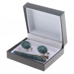 Набор запонки овальные и зажим для галстука камень голубой апатит