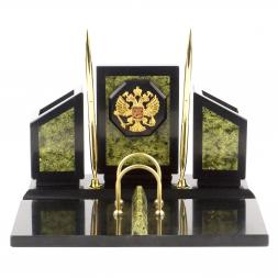 Настольный прибор "Герб России" камень змеевик