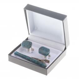 Набор запонки закругленные и зажим для галстука камень голубой апатит