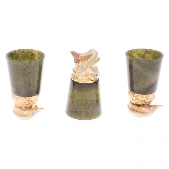 Стопки перевертыши &amp;quot;Осетры&amp;quot; 3 шт камень нефрит бронза Златоуст 121919