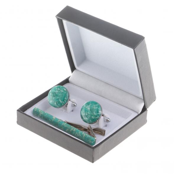 Набор запонки круглые и зажим для галстука камень амазонит 124484