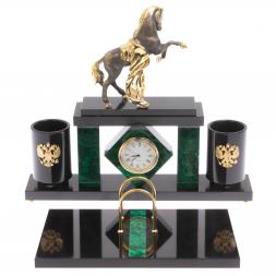 Письменный набор с часами "Конь с попоной" из малахита