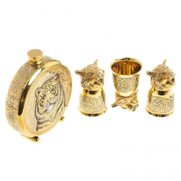 Подарочный набор &amp;quot;Тигр&amp;quot; фляжка и 3 стопки перевертыша Златоуст 123549