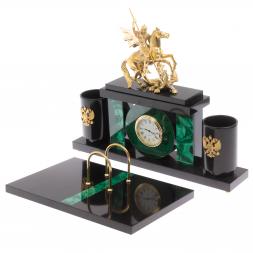 Письменный набор с часами "Георгий Победоносец" из малахита
