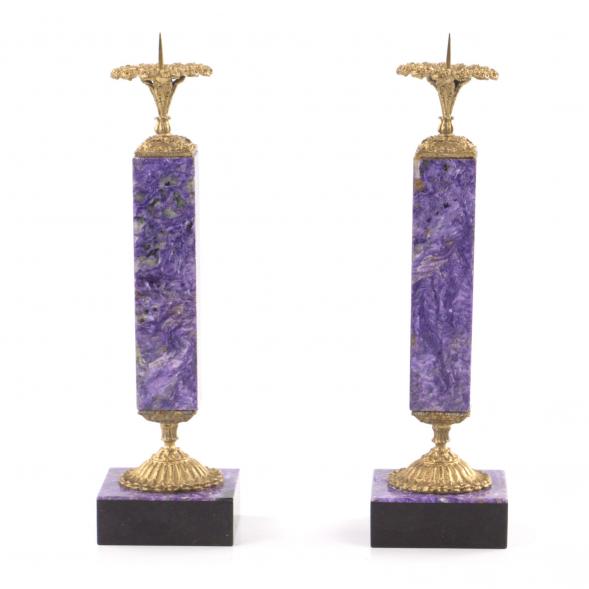 Настольные подсвечники из натурального камня чароит с бронзой пара 121854