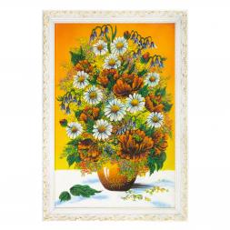Картина "Букет из маков и ромашек" 47х67 см белый багет желтый фон