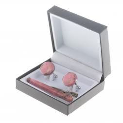 Набор запонки круглые и зажим для галстука камень родонит