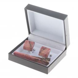 Набор запонки прямоугольные и зажим для галстука камень родонит