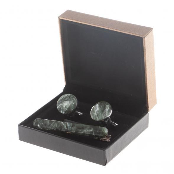 Набор запонки круглые и зажим для галстука камень серафинит 124490