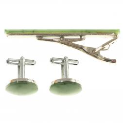 Набор запонки круглые и зажим для галстука нефрит