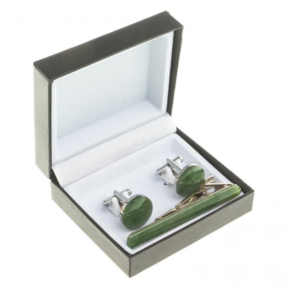 Набор запонки круглые и зажим для галстука нефрит 124081