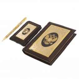Подарочный набор &amp;quot;Держава&amp;quot; ежедневник, визитница и ручка коричневая кожа