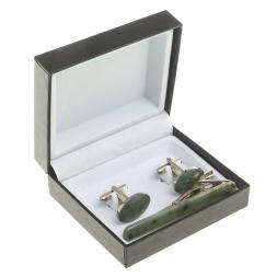 Набор запонки овальные и зажим для галстука нефрит