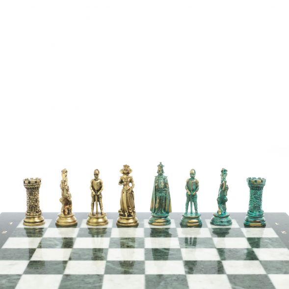 Шахматы &amp;quot;Средневековые рыцари&amp;quot; фигуры бронза / патина 44х44 см мрамор змеевик 128394