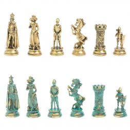 Шахматы "Средневековые рыцари" фигуры бронза / патина 44х44 см мрамор змеевик