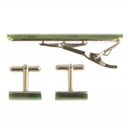 Набор запонки прямоугольные и зажим для галстука нефрит