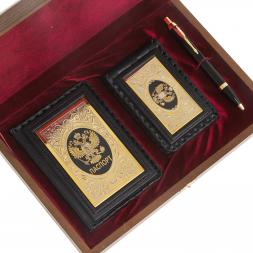 Подарочный набор &amp;quot;Документы&amp;quot; обложка для паспорта, визитница и ручка Parker черная кожа