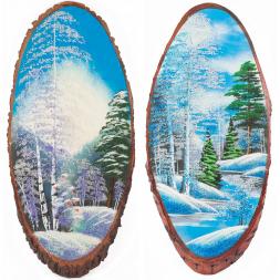 Панно на срезе дерева &amp;quot;Зима&amp;quot; вертикальное 70-75 см каменная крошка