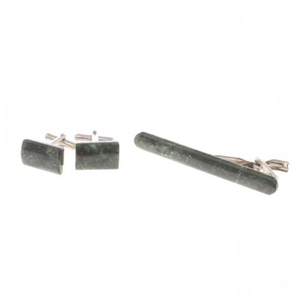 Набор запонки прямоугольные и зажим для галстука камень актиновит 124494