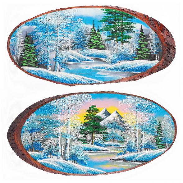 Панно на срезе дерева &amp;quot;Зима&amp;quot; горизонтальное 70-75 см каменная крошка 111049