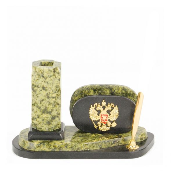 Настольная визитница &amp;quot;Герб&amp;quot; с карандашницей камень змеевик 118840