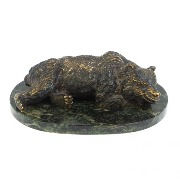 Статуэтка из бронзы &amp;quot;Большой медведь лежит&amp;quot; на подставке из змеевика 128074