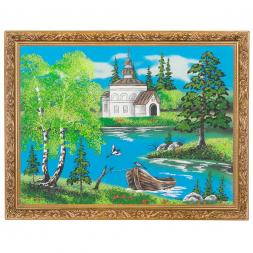 Картина "Церковь и лодка" багет 36х46 см, каменная крошка