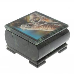 Шкатулка &amp;quot;Рысь и рысята&amp;quot; из змеевика 13х13х8 см