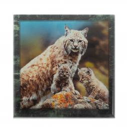 Шкатулка &amp;quot;Рысь и рысята&amp;quot; из змеевика 13х13х8 см