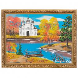 Картина "Церковь на осеннем берегу" багет 36х46 см, каменная крошка