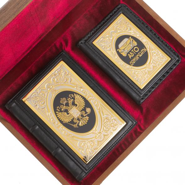 Подарочный набор &amp;quot;Автомобилист&amp;quot; обложка для автодокументов и ежедневник из черной кожи 122404