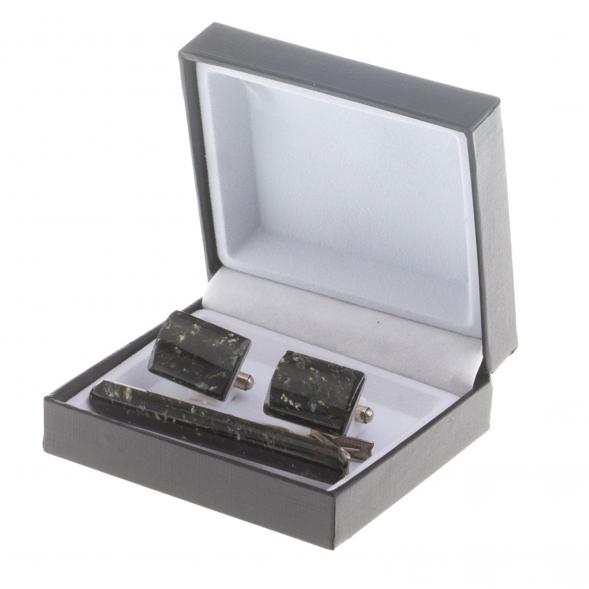 Набор запонки прямоугольные и зажим для галстука камень мусковит 124497