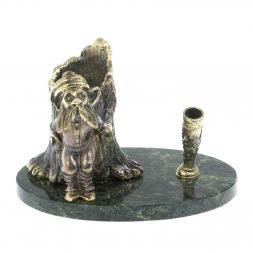 Карандашница &amp;quot;Гном у пня&amp;quot; бронза змеевик 14,5х9,5х10 см