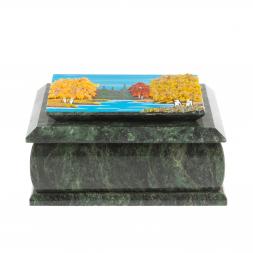 Шкатулка с рисунком "Осень" из змеевика 16х12х7,5 см